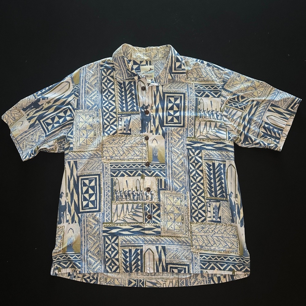 Kahala 1936 Aloha Shirt Mens XL Blue Surf Heritage Tribal Print Cotton Hawaii‎